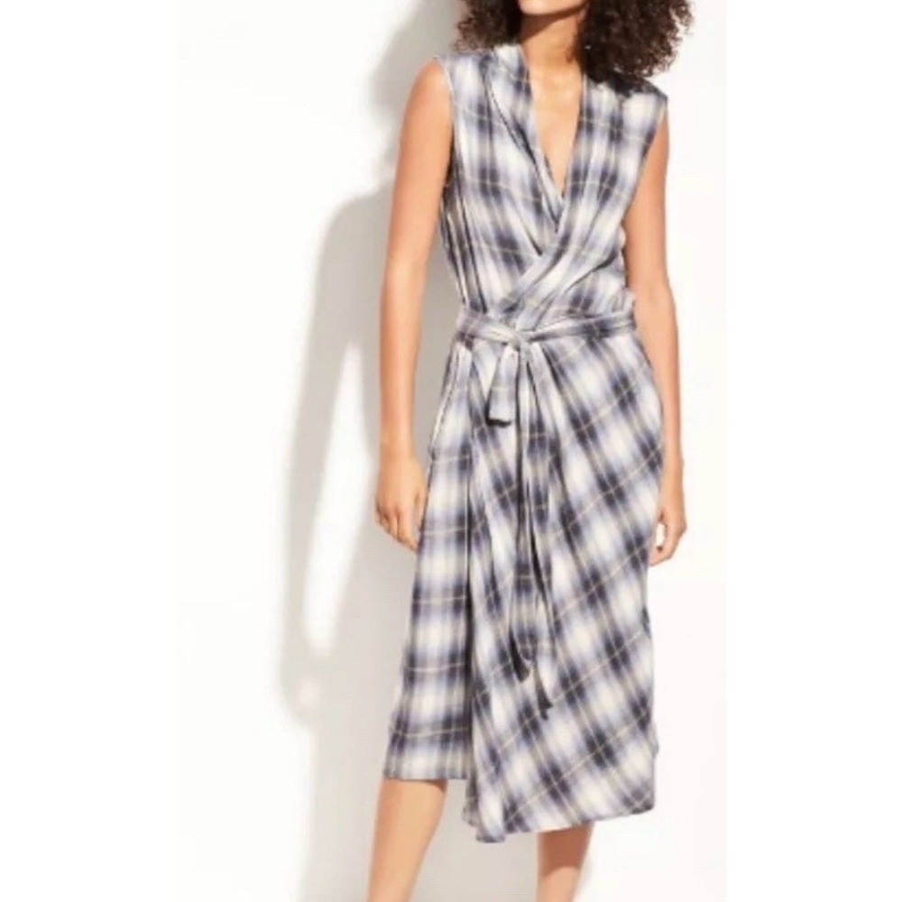 Vince Blue and White Plaid Wrap Dress